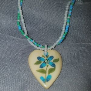 Vintage Beaded Necklace & Painted Heart Pendant